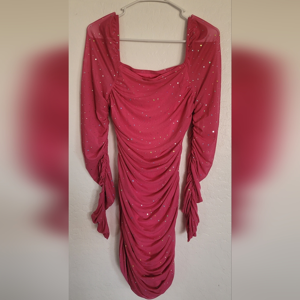 SHEIN Pink Bodycon Dress with Bishop Sleeves and Square Neck